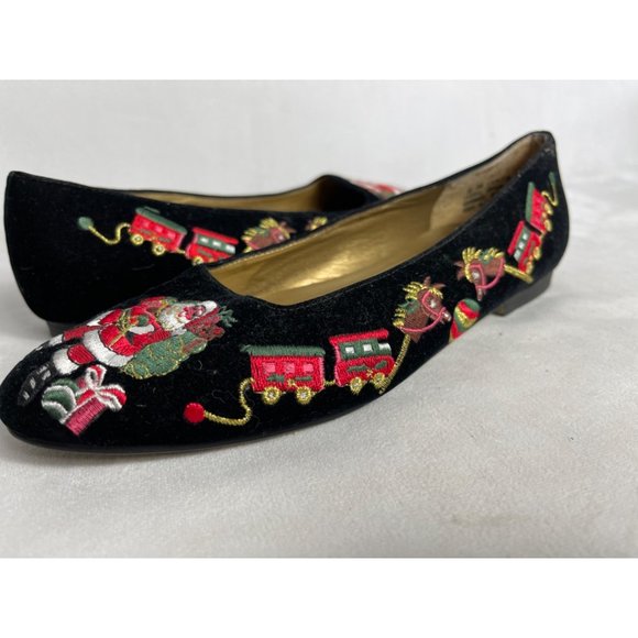 Christmas Shoes Women's 8 Vintage Embroidered Santa Flats Ugly Christmas Sweater - Picture 5 of 9